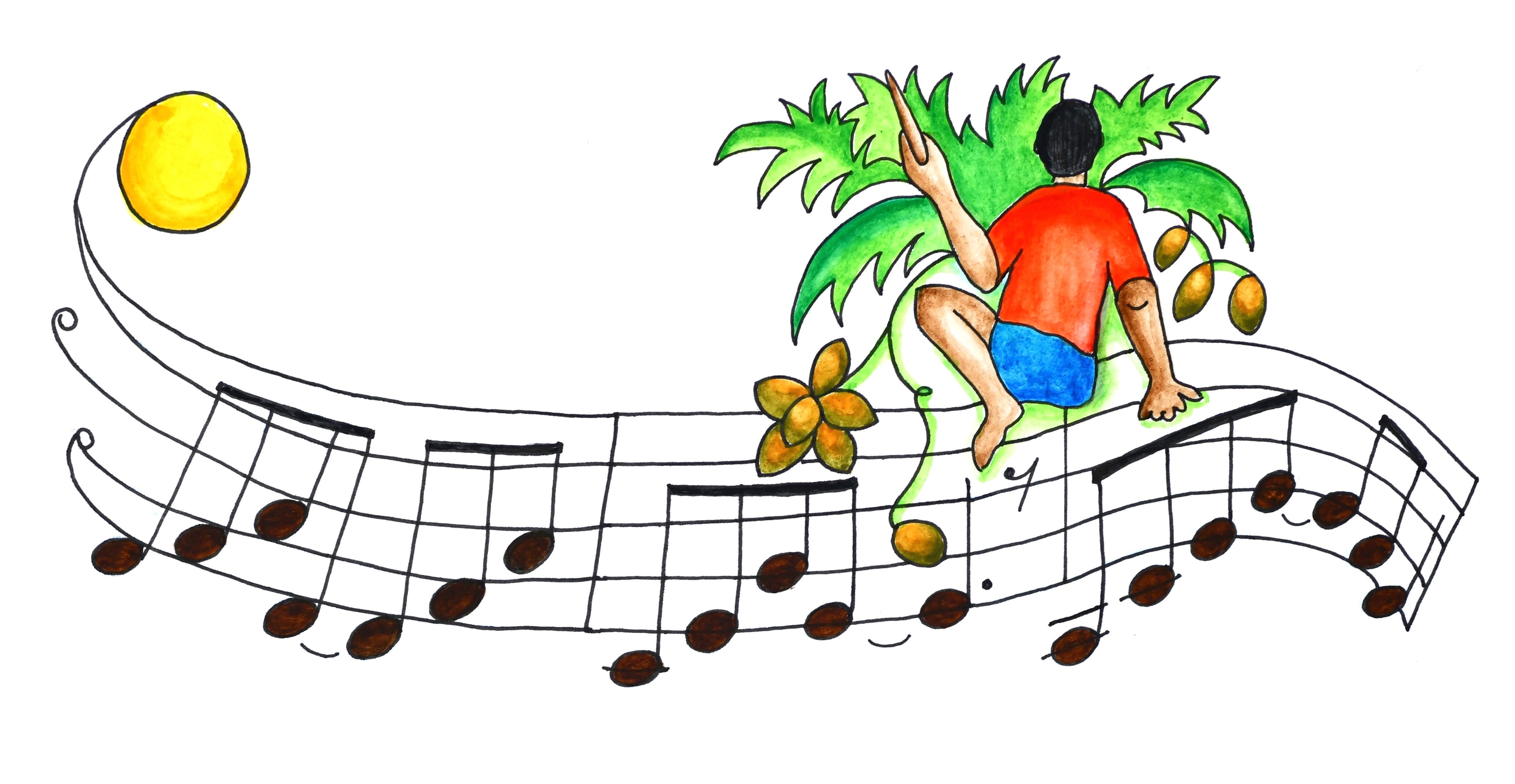 Boy sitting on musical notes with palm trees